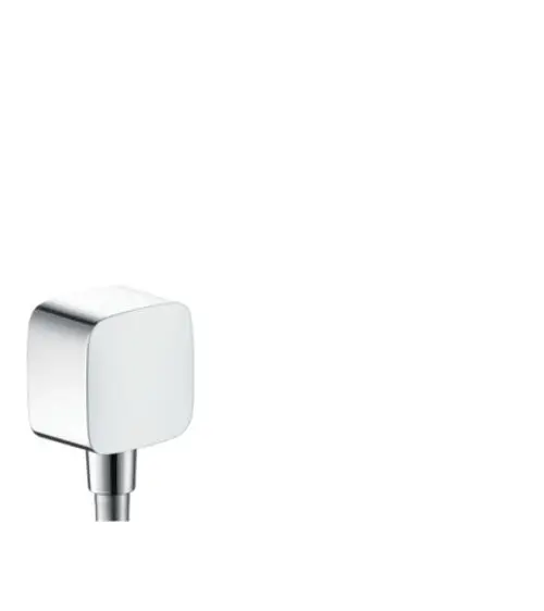 Wandanschluss von Hansgrohe mit quadratischem, chromfarbenem Kopf und integrierten Rückflussverhinderer, zur Befestigung an Wänden.